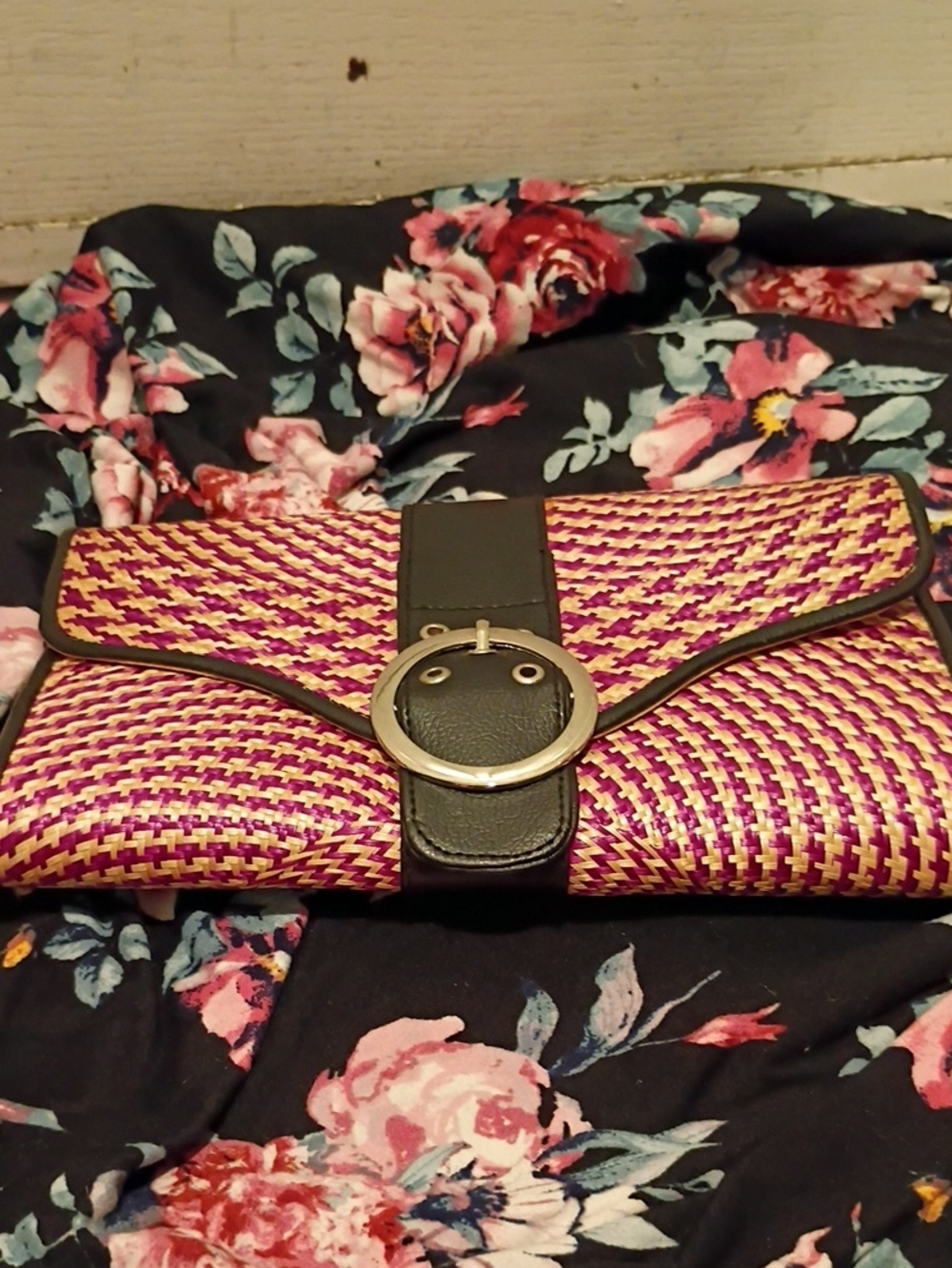 Woven Pink and Gold Clutch with Black Strap and Buckle